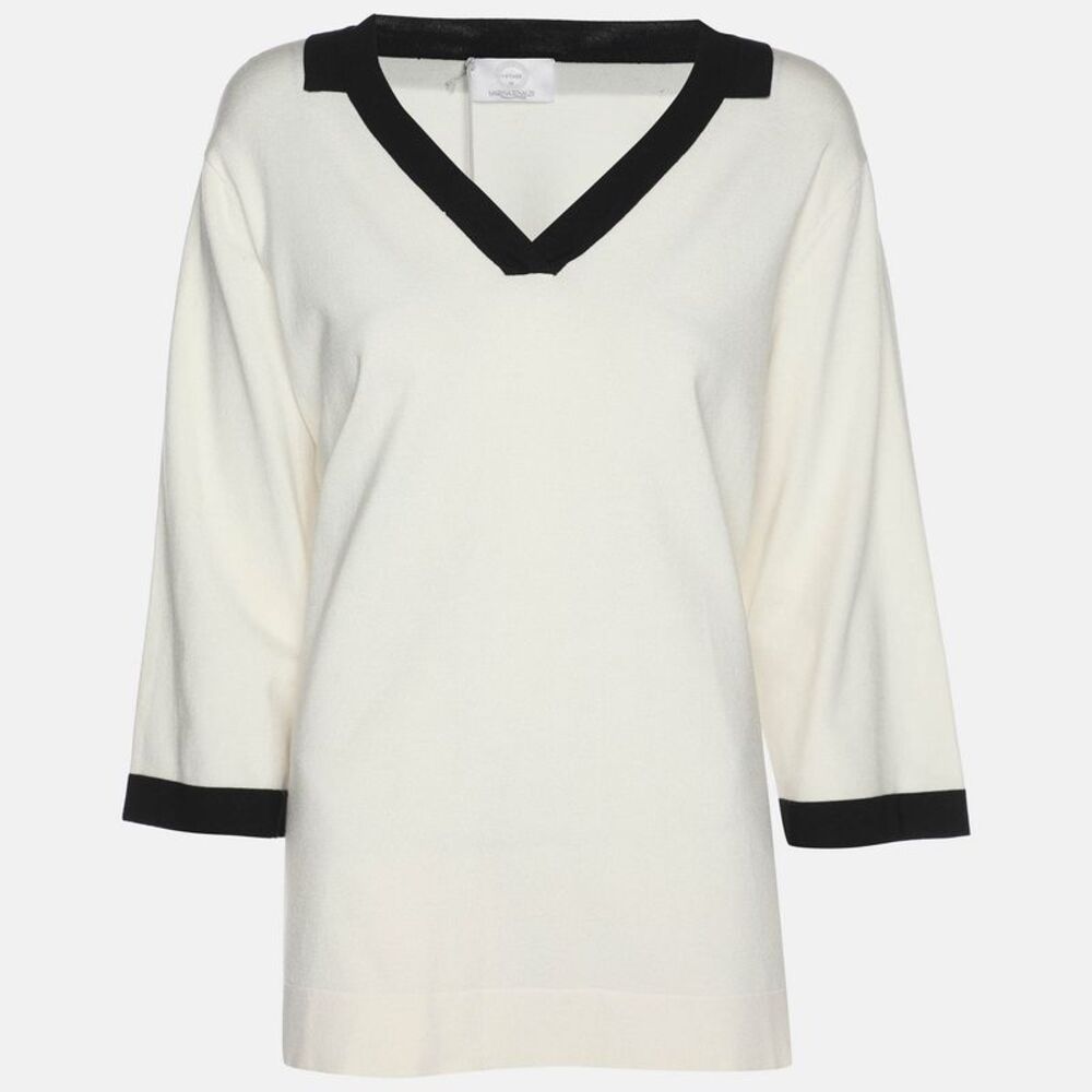 Marina Rinaldi Cream Jersey Contrast Trim V Neck Sweater L